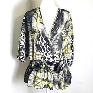 Ashley Stewart Sheer Top, Elastic Waistband w/Tie, Black,White,Yellow, Size 16